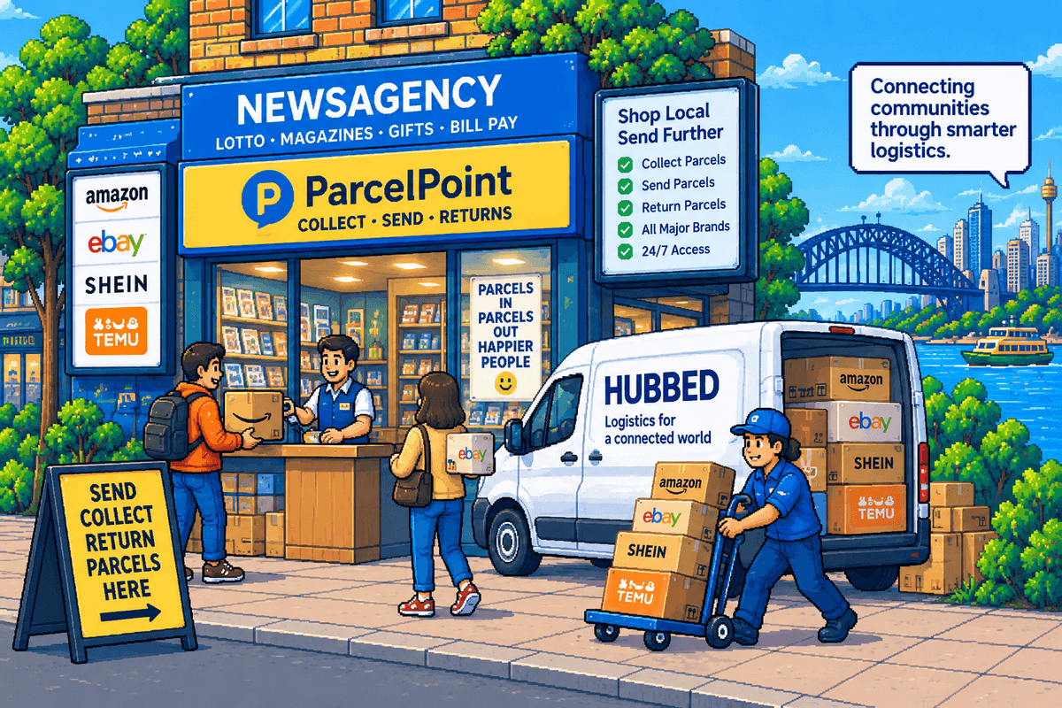 Pixel-art ParcelPoint newsagency scene showing customers and parcels from Amazon, eBay, SHEIN and TEMU moving through the local pickup, send and returns network