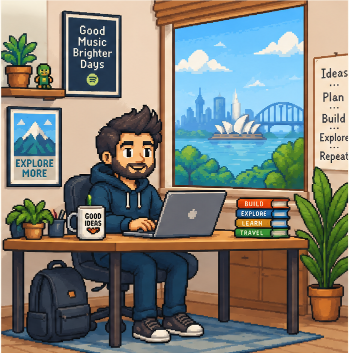 Pixel-art workspace with Vishnu at a laptop, surrounded by books, plants and a Sydney harbour view
