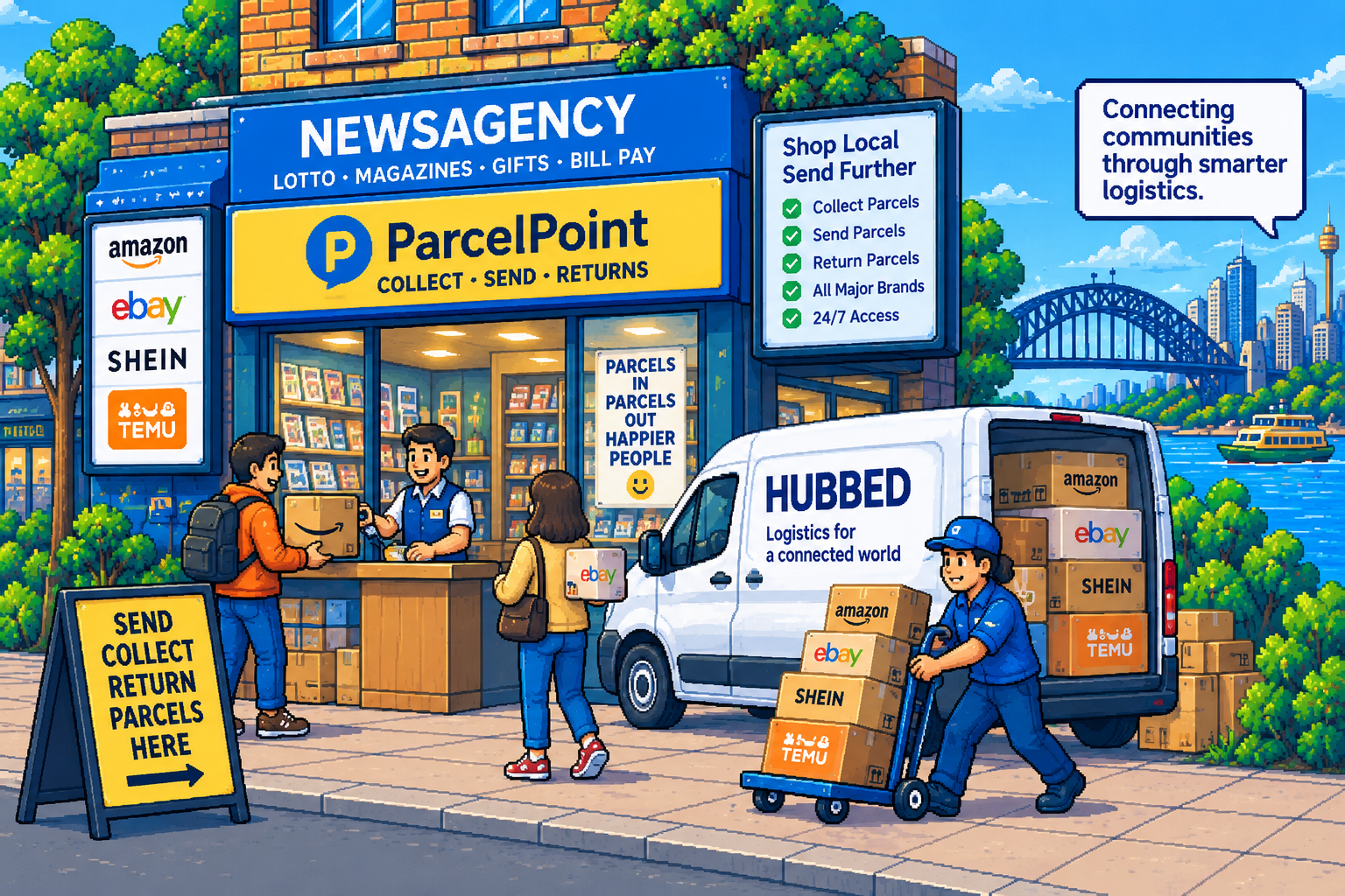 Pixel-art ParcelPoint newsagency with parcels from Amazon, eBay, SHEIN and TEMU