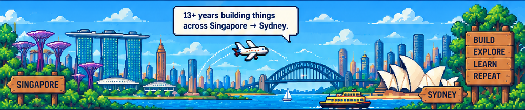 Pixel-art journey from Singapore to Sydney with an aeroplane flying between the two cities